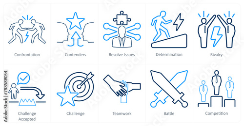 A set of 10 challenge icons as confrontation, contenders, resolve issues