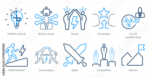 A set of 10 challenge icons as problem solving, resolve issues, rivalry