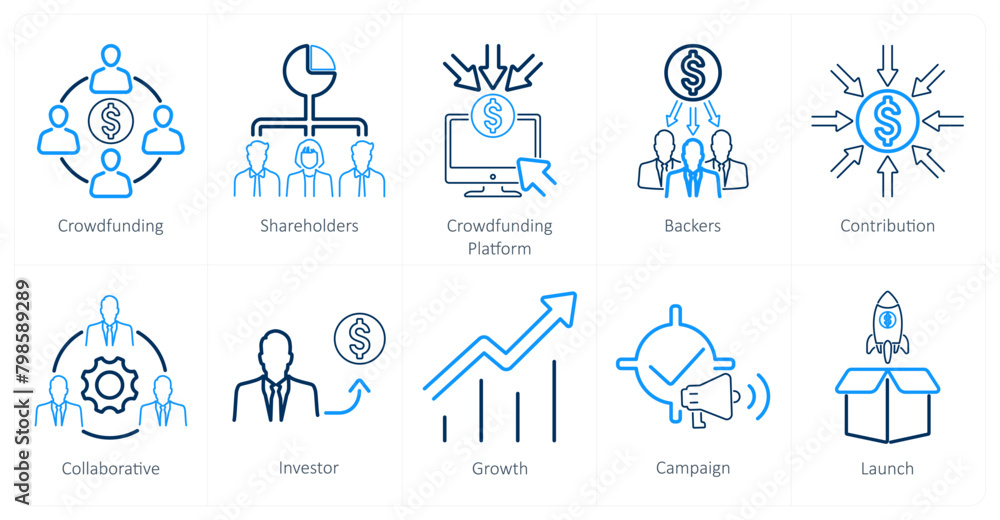 A set of 10 crowdfunding icons as crowdfunding, shareholders, crowdfunding platform A set of 10 crowdfunding icons as crowdfunding, shareholders, crowdfunding platform