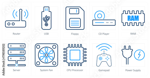 A set of 10 computer parts icons as router, usb, floppy