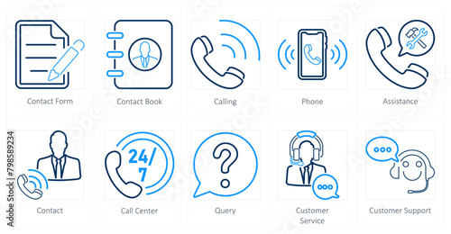 A set of 10 contact icons as contact form, contact book, calling