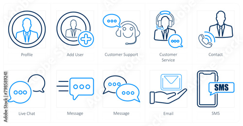 A set of 10 contact icons as profile, add user, customer support