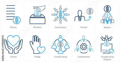 A set of 10 crowdfunding icons as money, donation, contribution, investor