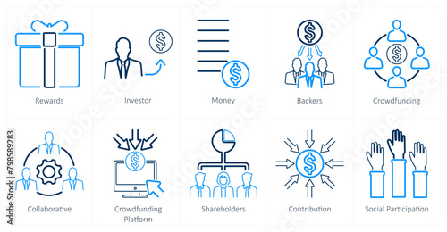 A set of 10 crowdfunding icons as rewards, investor, money