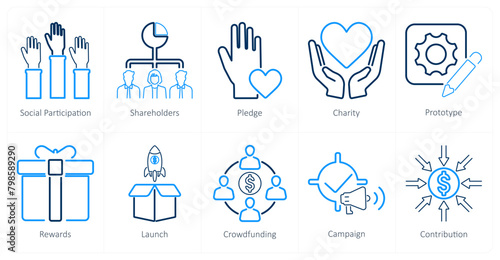 A set of 10 crowdfunding icons as social participation, shareholders, pledge, 
