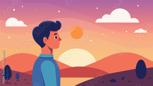 With the sun setting in the distance a man contemplates the power of gratitude and how acknowledging the little things can bring big happiness.. Vector illustration