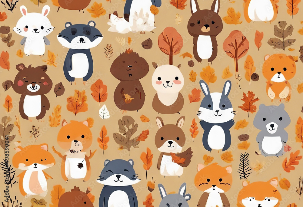 Obraz premium decorative style forest illustration seamless print wallpaper fabric autumn Cute kid textile pattern happy cartoon product vector animals fashion Background Texture Paper Nature Art Ki