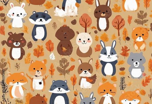 decorative style forest illustration seamless print wallpaper fabric autumn Cute kid textile pattern happy cartoon product vector animals fashion Background Texture Paper Nature Art Ki