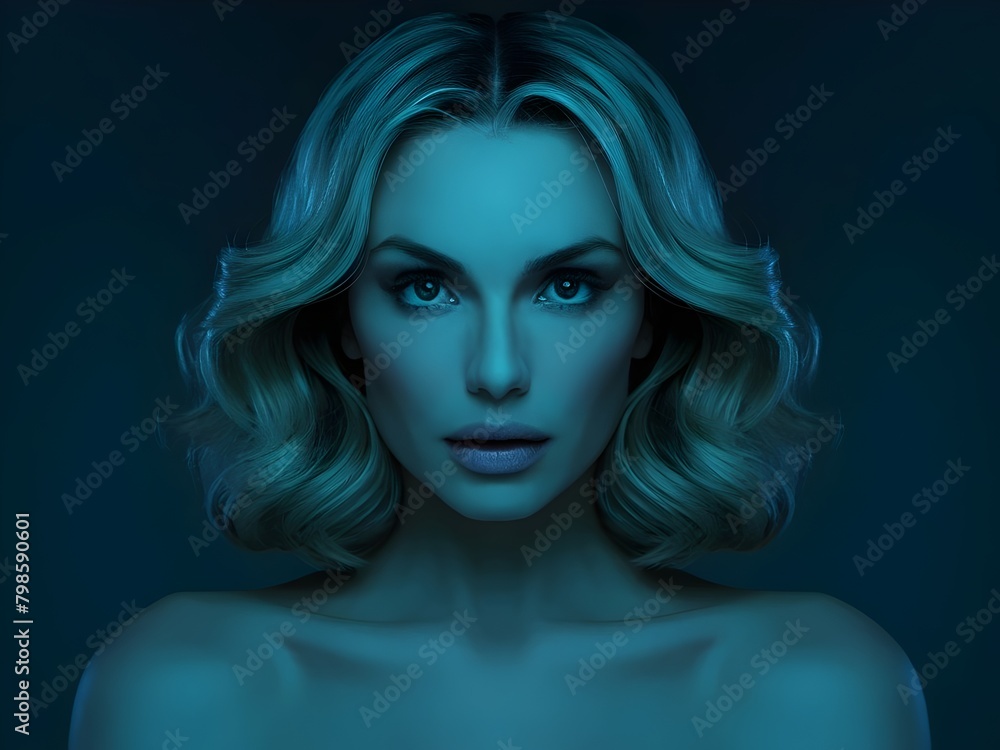 Fototapeta premium A stunning portrait of a woman facing the camera, her eyes filled with mystery and depth. Her hair is cascading in soft waves over her shoulders, and her expression is both enigmatic and captivating.