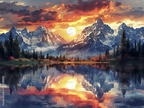 Dreamlike Reflection of Snow-Capped Peaks and Luminous Sky