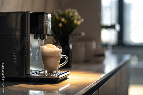 A sleek espresso machine frothing milk for a luxurious latte in a modern kitchen.