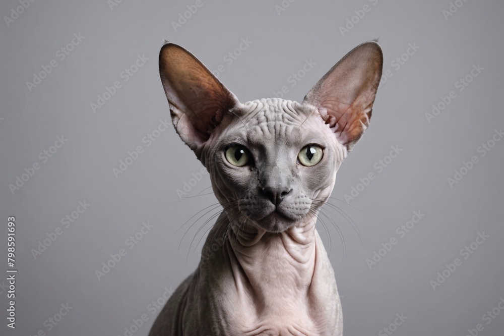 Portrait of Sphynx cat looking at camera, copy space. Studio shot.