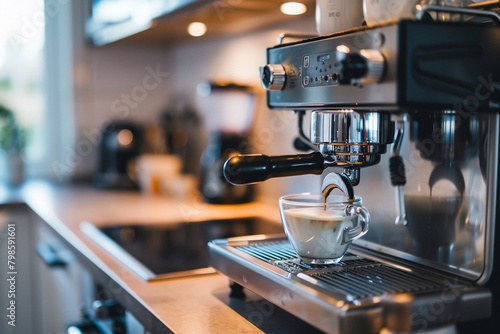 A sleek espresso machine frothing milk for a luxurious latte in a modern kitchen.