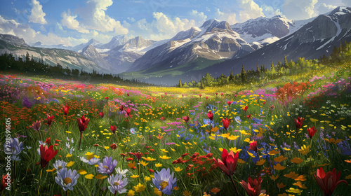 Floral Symphony alpine meadow alive with the vibrant colors of spring, as a myriad of wildflowers bloom in abundance, painting the landscape with hues of red, yellow, and purple. © Sajawal