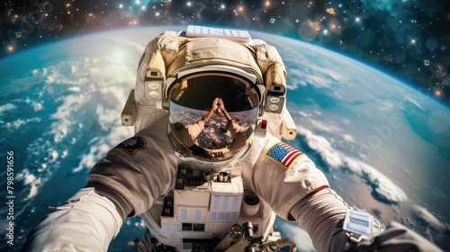 The picture of the astronaut flying in the space with the earth background  the spaceman must wear the space suit to protect the human body from the radiation  extreme temperature and pressure. AIG43.