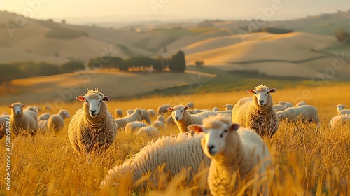 Flock of sheep blending in with the rolling hills and tall blades of grass photo