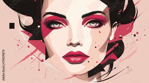 Vector graphic of a woman's face with beautifully applied makeup, showcasing different cosmetic products and techniques.
