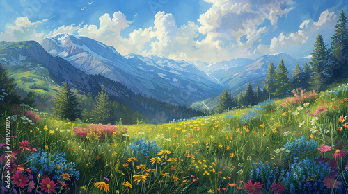 Meadow Magic A mesmerizing tableau of an alpine meadow alive with the colors of spring, where vibrant wildflowers bloom in profusion, creating a scene of enchanting beauty and serenity. © Sajawal