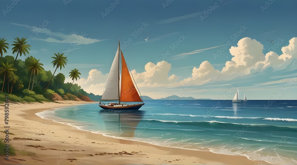 Tropical beach landscape with sailboat and palm trees on the seashore.generative.ai