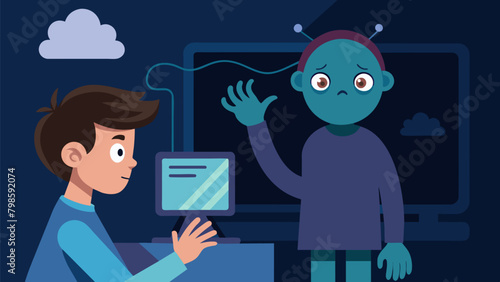 A young child stares at a screen their hand reaching towards a brainwave measuring device. An ominous figure watches from the background planning to.