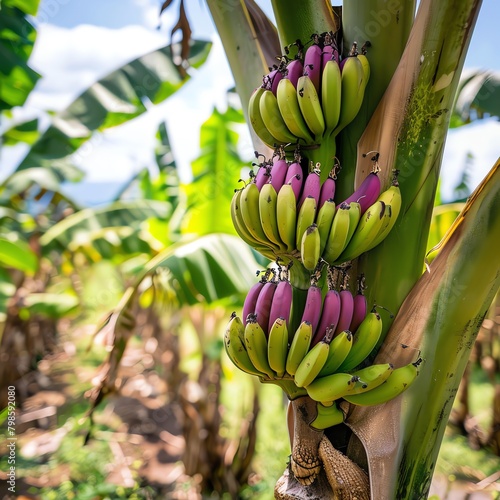 Mature bananas ready for harvest on a banana tree, framed by the natural scenery of a plantation, perfect for food supply chain themes photo