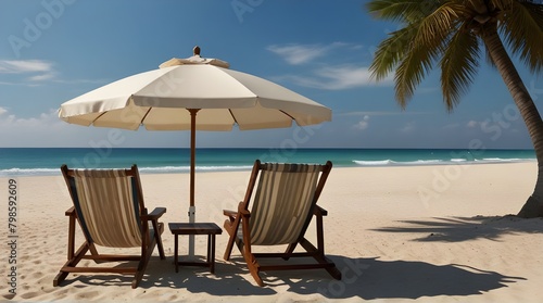 Beautiful beach banner. White sand chairs and umbrella.generative.ai