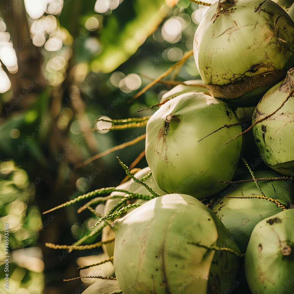 A group of green coconuts stacked in a natural setting, focus on sustainable and organic tropical fruit, suitable for eco-friendly and vegan lifestyle promotions. A group of green coconuts stacked in a natural setting, focus on sustainable and organic tropical fruit, suitable for eco-friendly and vegan lifestyle promotions.