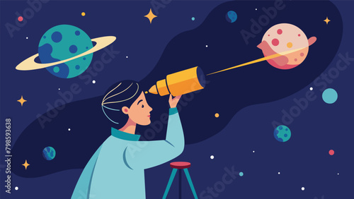A neurodivergent physicist gazing up at the stars through a powerful telescope their mind racing with potential theories and possibilities.. Vector illustration