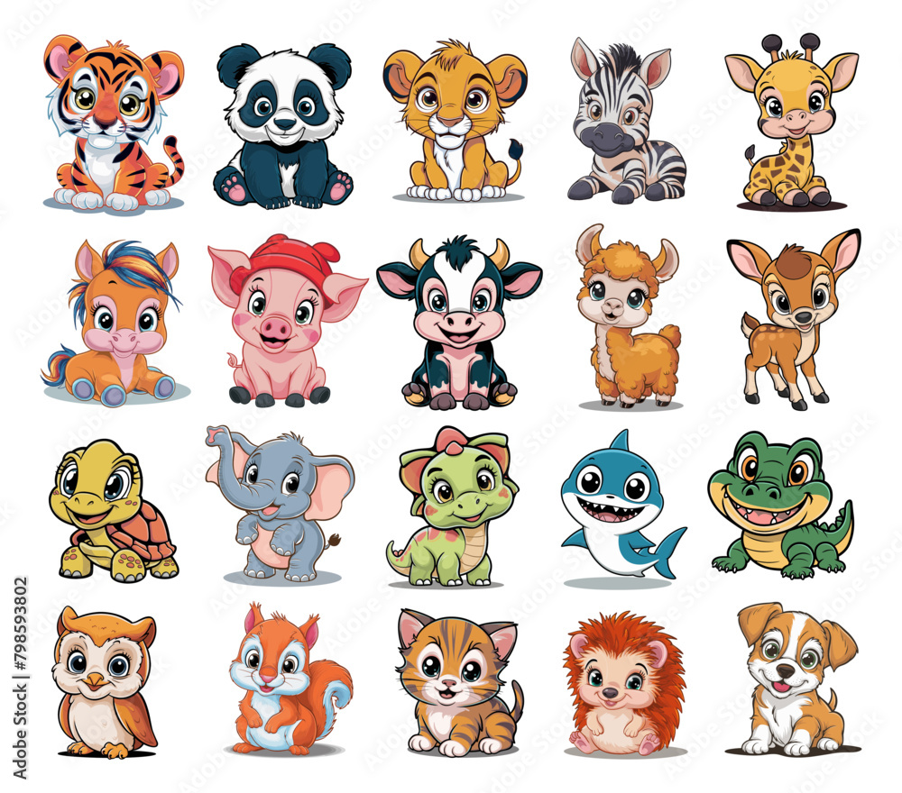Obraz premium Collection of cute funny animals. Set of various cartoon wild, farm, pet animal characters isolated on transparent background. Colorful hand drawn vector illustrations.