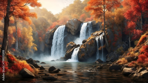 waterfall in autumn forest