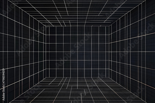 Illustration of black room with white lines running on the walls  forming squares.