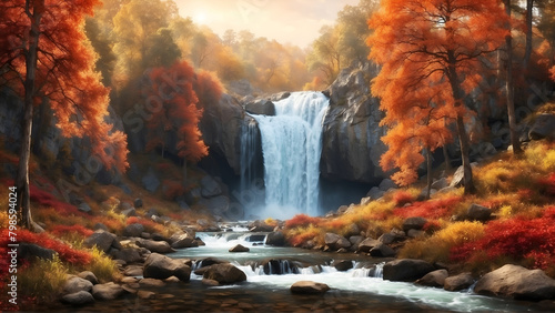 Water fall in autumn forest 