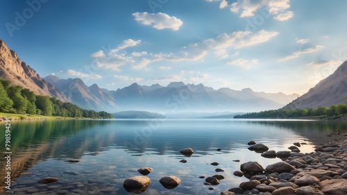 Low angle view of lake with mountains at morning 