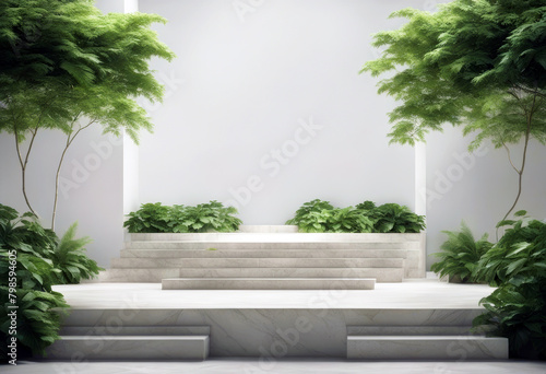 'stone featuring slabs 3D podiums rendering leaves lush white platforms set green poduim background product dais three-dimensional platform summer placement minimal plant leaf stage' photo