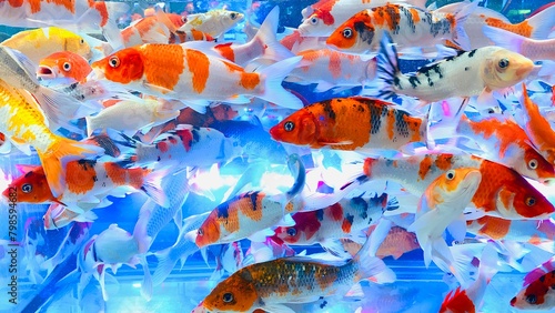 A lively underwater scene with colorful koi fish swimming in a fish tank.