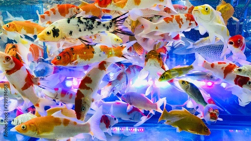 A lively underwater scene with colorful koi fish swimming in a fish tank.