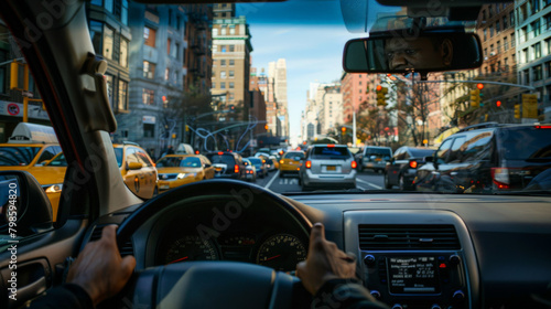 A taxi driver navigating through city streets