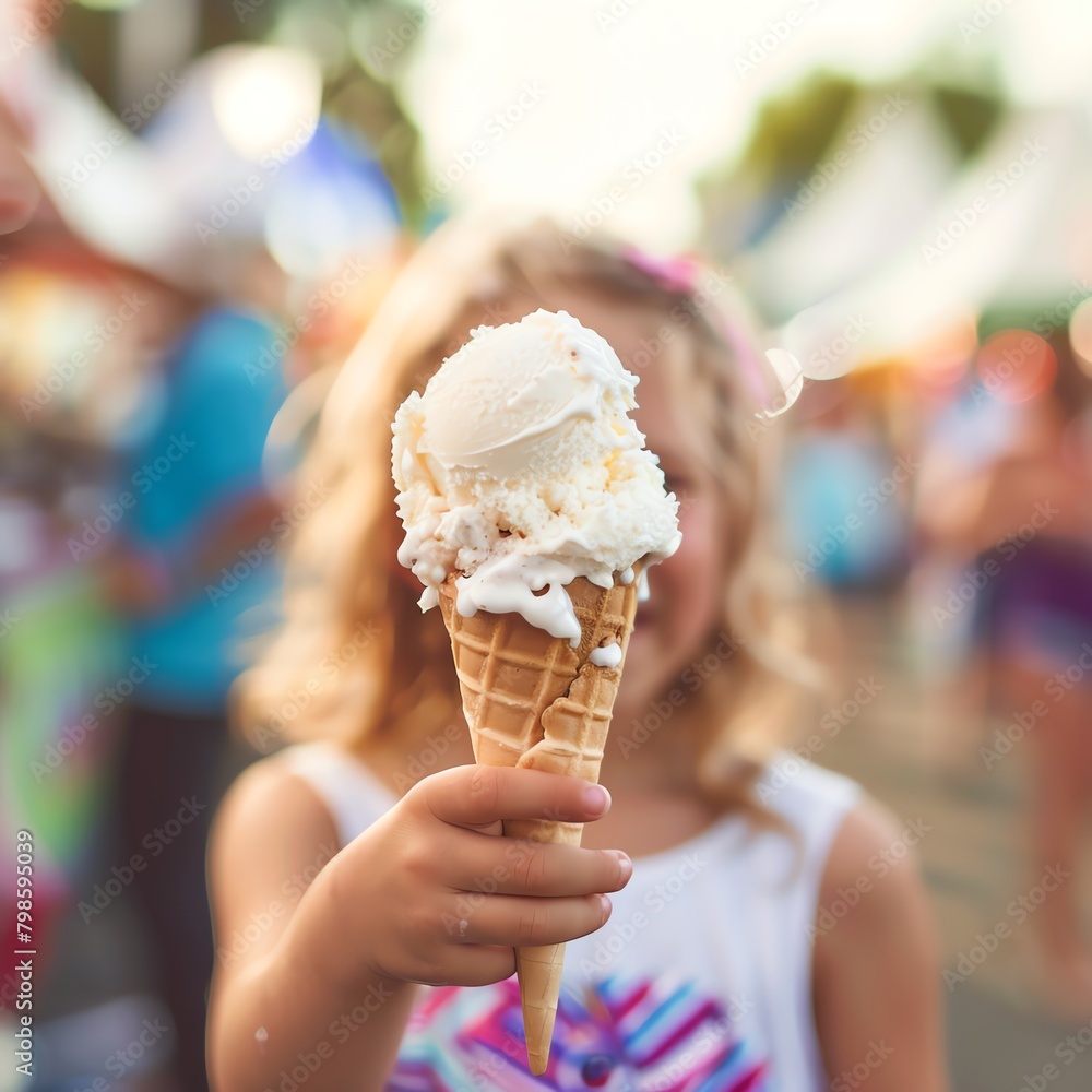 A child enjoying a cone of coconut ice cream at a summer fair, with a blurred background of festival activities, emphasizing joy and seasonal treats.