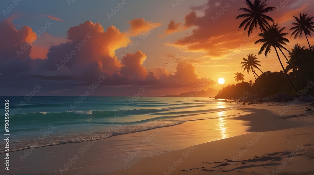 Tropical beach sunset. Fantasy concept , Illustration painting.generative.ai