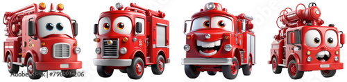 3D cute cartoon fire Truck engine red color on Transparent Background