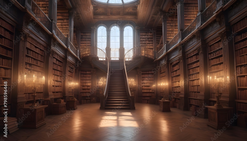 Highly Detailed Illustration Of A Grand Library With Floor To Ceiling Bookshelves  Ornate Ladders  And Ancient Books With Ethereal Glowing Titles (4)