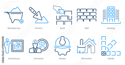 A set of 10 build icons as wheel barrow, cement, build