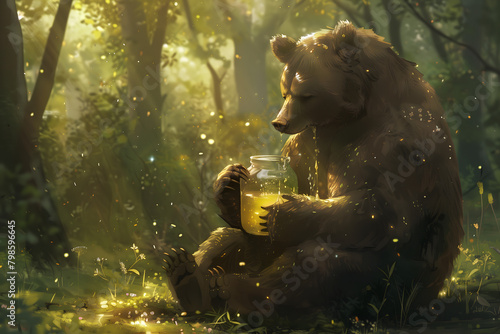 In a serene forest clearing, a bear sits contentedly, holding a jar of honey in its paws photo