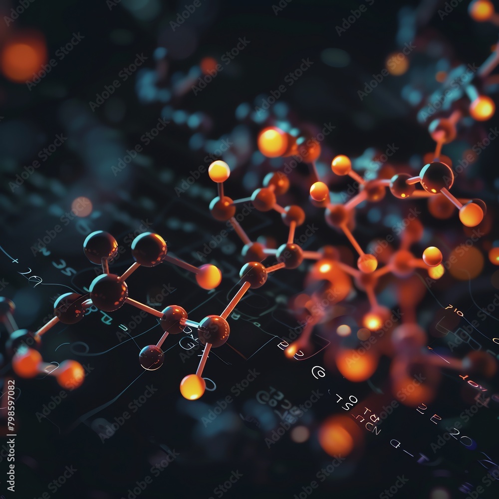 Close-up view of a 3D molecular structure model of a complex molecule ...