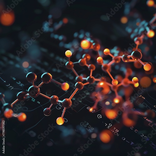 Close-up view of a 3D molecular structure model of a complex molecule, highlighted against a dark background with scientific notations photo