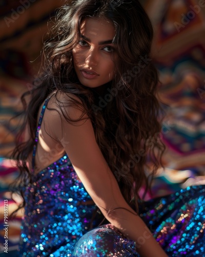 A sultry woman with flowing hair casts a seductive glance in a shimmering blue sequined dress amidst a colorful backdrop