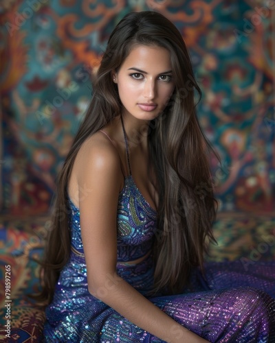 Seated against an intricate backdrop, a young woman smiles warmly in a purple sequined outfit, radiating charm