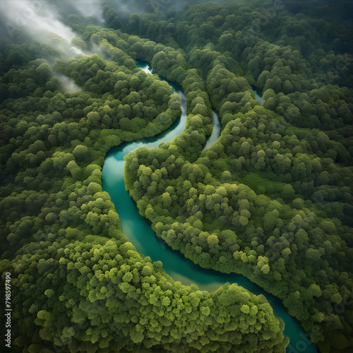 the interconnection of tall trees and winding streams cutting through the jungle photo
