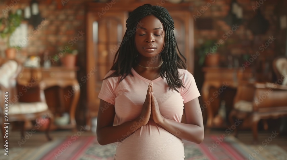 Young adult pregnant black woman practicing yoga at home on mat, African American girl doing hatha yoga asana in modern living room, home workout, AI generated Young adult pregnant black woman practicing yoga at home on mat, African American girl doing hatha yoga asana in modern living room, home workout, AI generated