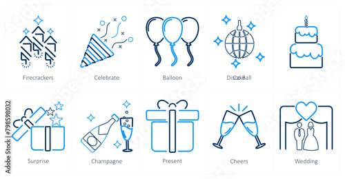 A set of 10 celebrate icons as firecrackers, celebrate, balloon